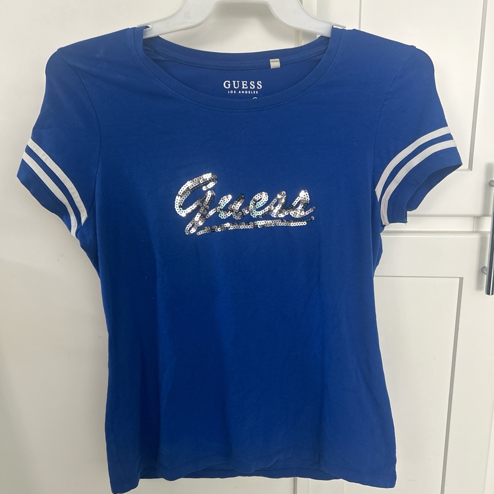 Guess Women's Royal Blue Sequin Logo Tee